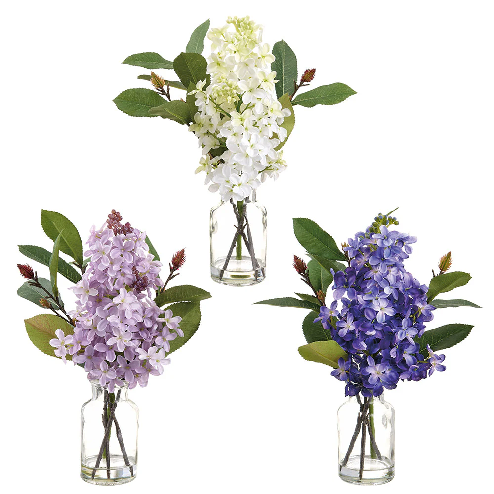 10.5" Set Of Lilac Silk Flower Arrangements w/Glass Vase -Mixed Colors (Pack of 4)