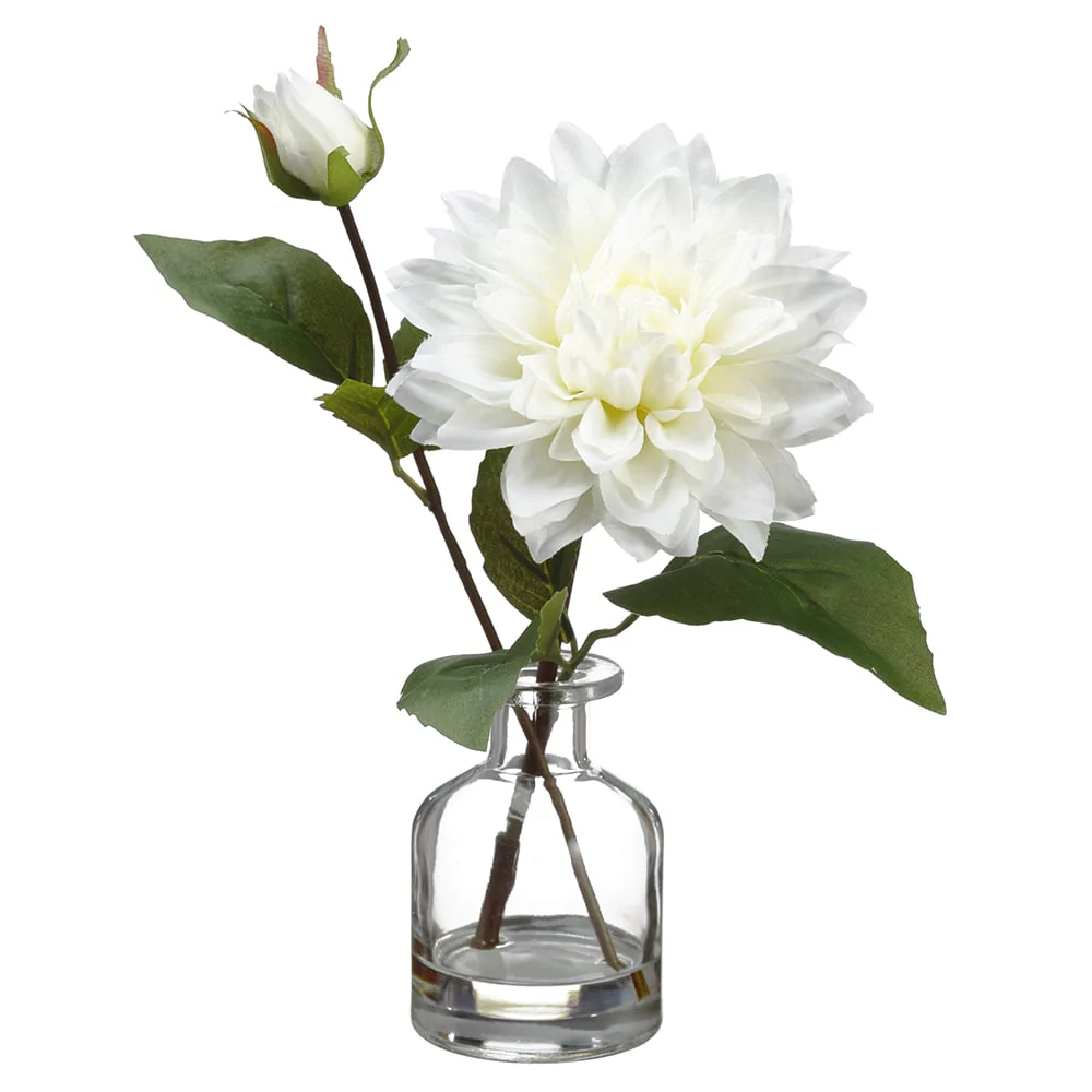 10.5" Silk Dahlia Flower Arrangement w/Glass Vase -White (Pack of 12)