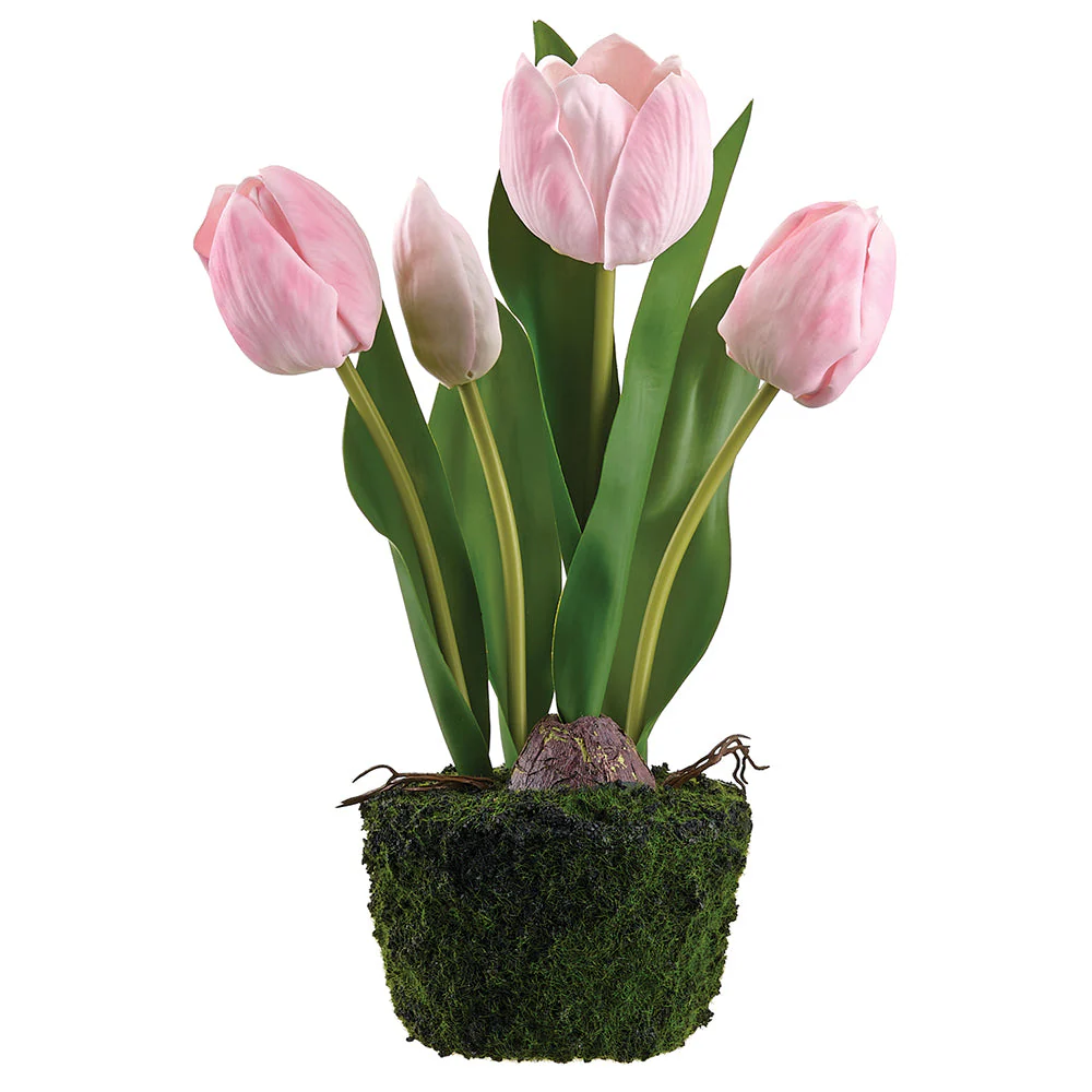 10.5" Tulip Silk Flower Arrangement w/Moss & Soil Ball -Soft Pink (Pack of 6)