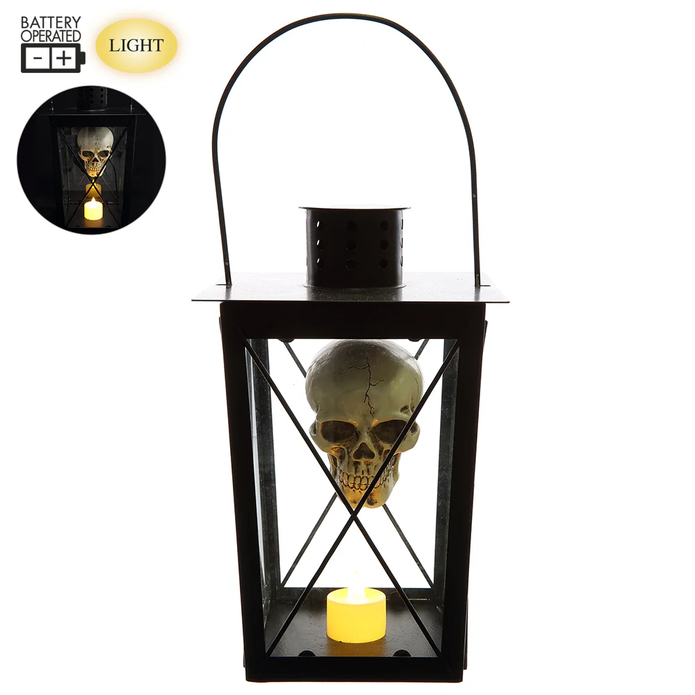 10" Battery Operated Halloween Skull Lantern With Light -Black/Beige (Pack of 4)