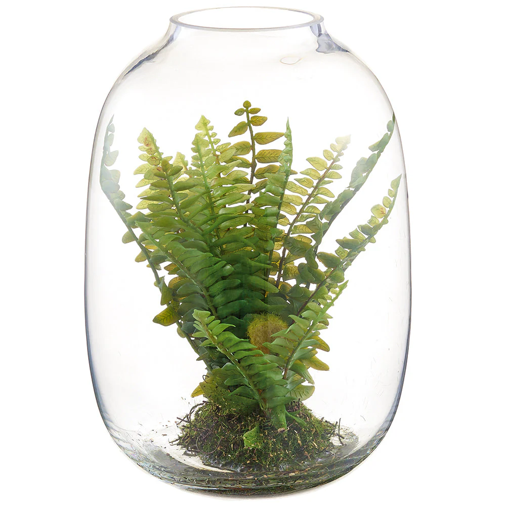 10" Boston Fern Artificial Plant w/Glass Terrarium -Green (Pack of 4)