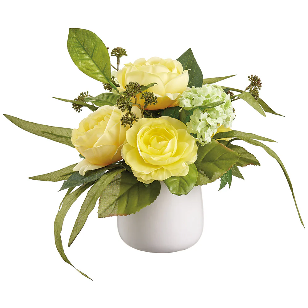 10" Cabbage Rose & Snowball Silk Flower Arrangement w/Ceramic Vase -Yellow/Green (Pack of 6)