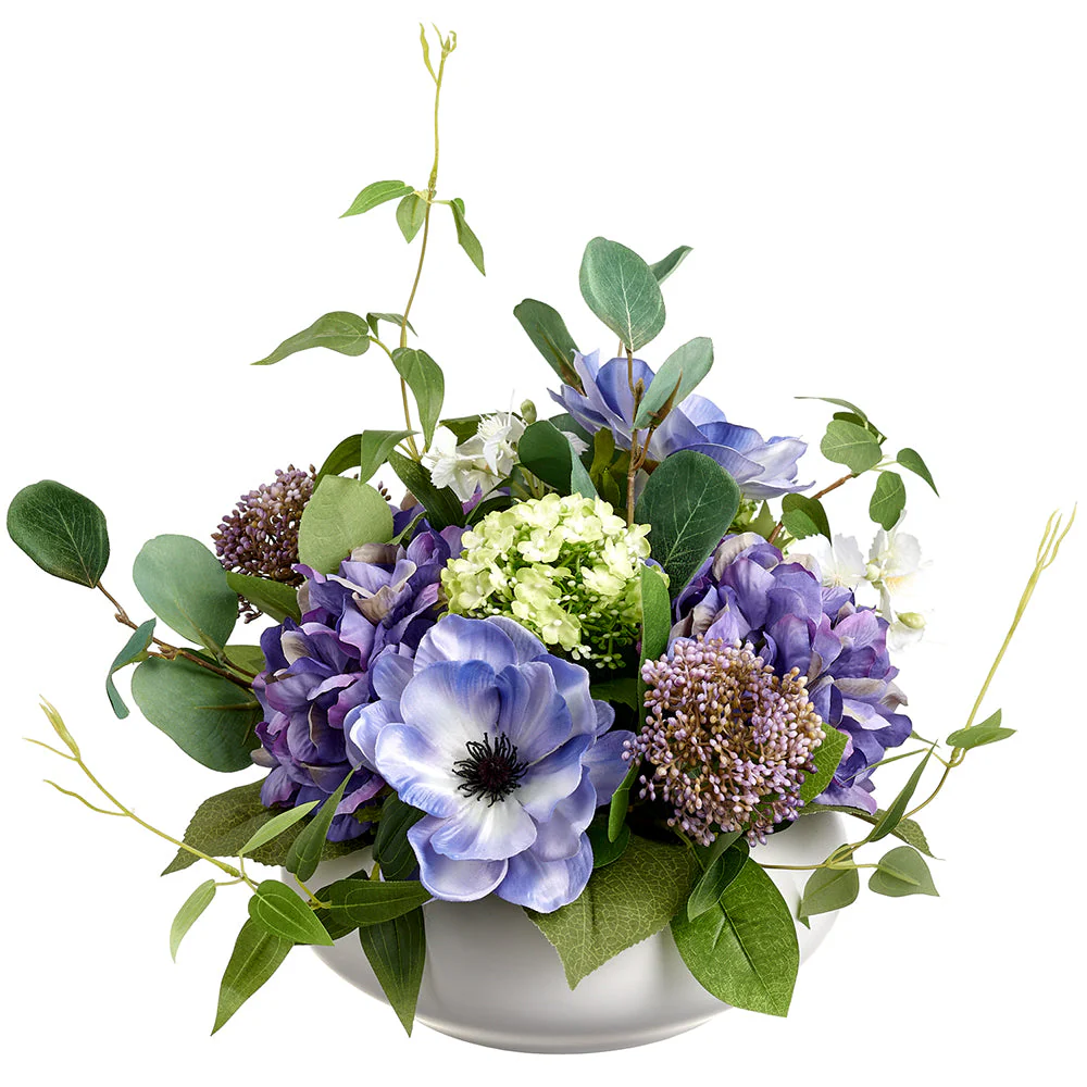 10" Hydrangea, Anemone & Snowball Silk Flower Arrangement w/Ceramic Vase -Purple/Green (Pack of 2)