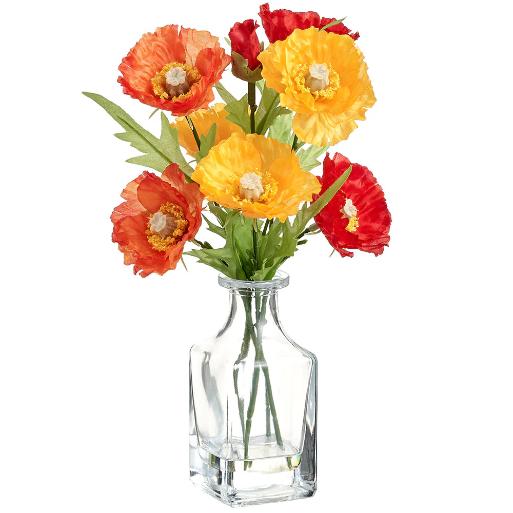 10" Poppy Silk Flower Arrangement w/Glass Bottle -Mixed Colors (Pack of 12)