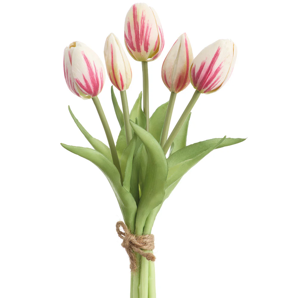 10" Real Touch Tulip Silk Flower Bouquet -White/Fuchsia (Pack of 12)