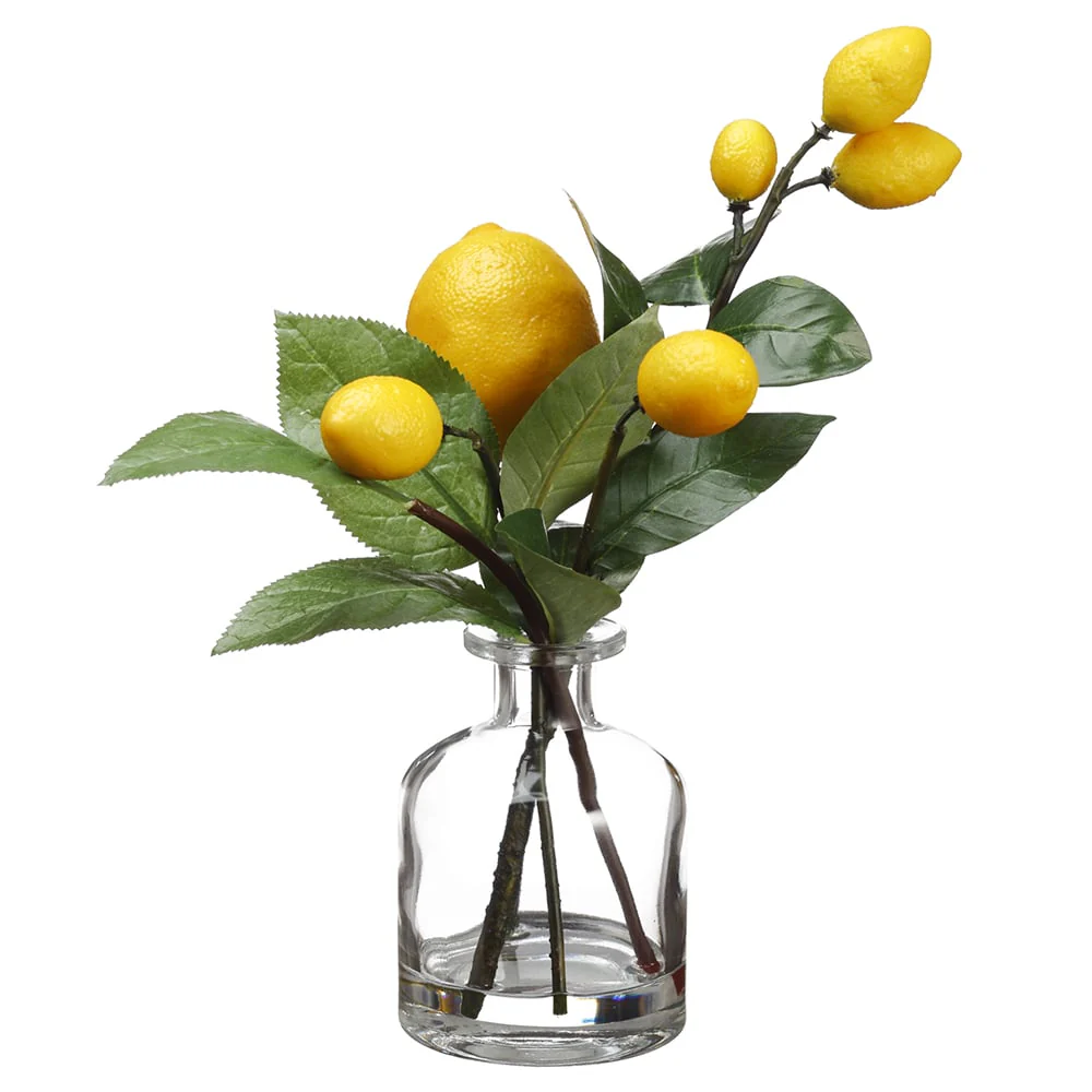 10" Silk Lemon Fruiting Stems w/Glass Vase -Yellow (Pack of 6)