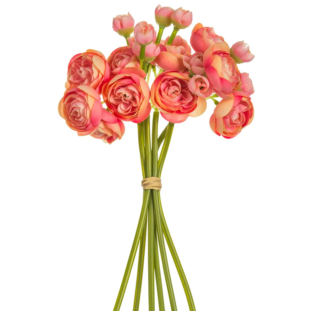 10" Silk Mini Ranunculus Flower Stem Bundle -Coral/Pink (Pack of 12)