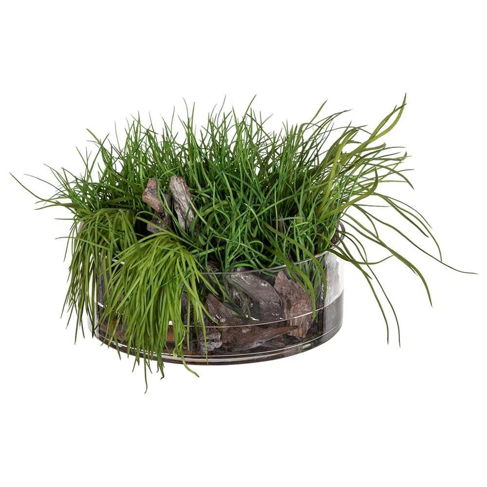 10"Hx21"W Soft-Touch Grass & Wood Artificial Plant w/Glass Vase -Green