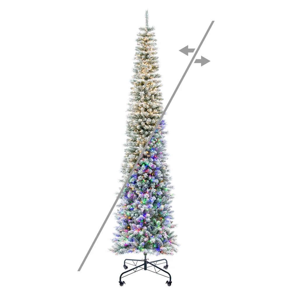 10'Hx33"W Pencil Flocked Crest Pine Artificial Christmas Tree, Micro LED Pre-Lit (Multi-Mode) -White/Green