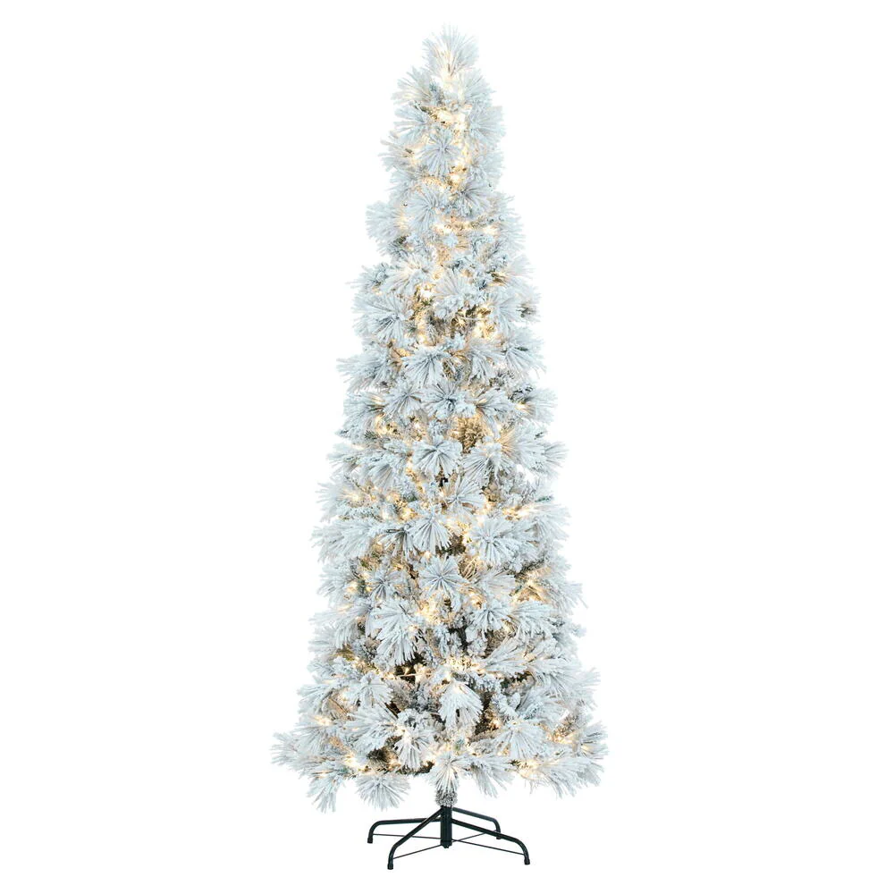 10'Hx50"W Flocked Pencil Atka Pine Artificial Christmas Tree, Micro LED Pre-Lit -White
