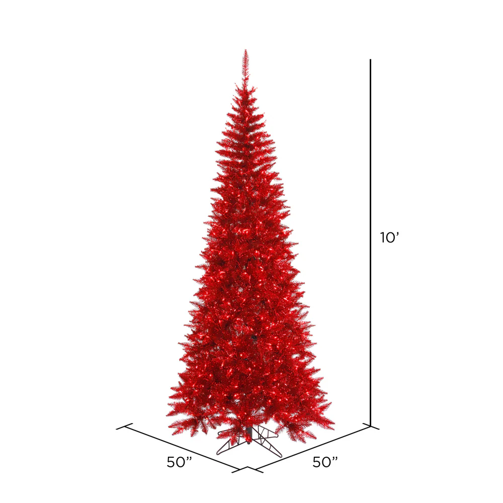 10'Hx50"W Tinsel Slim Fir Artificial Christmas Tree, LED Pre-Lit (Red) -Red - Image 2