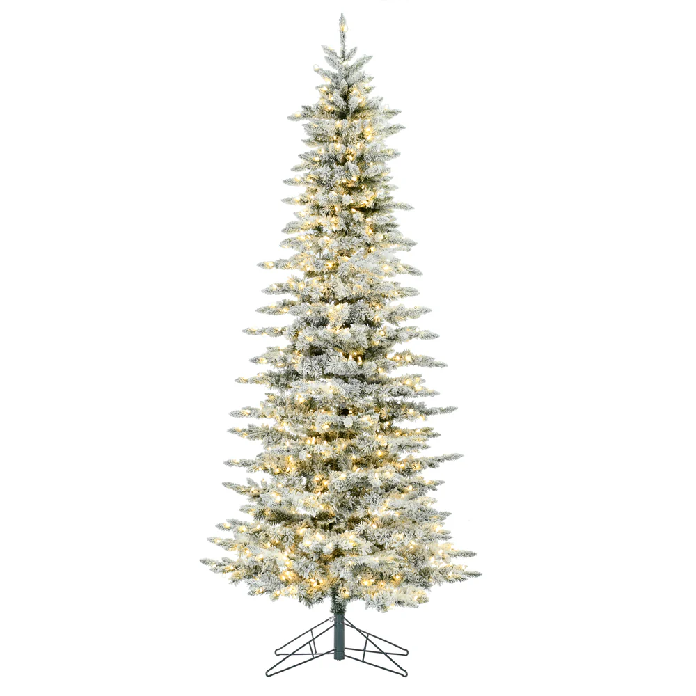 10'Hx55"W Flocked Slim Utica Fir Artificial Christmas Tree, LED Pre-Lit -White/Green