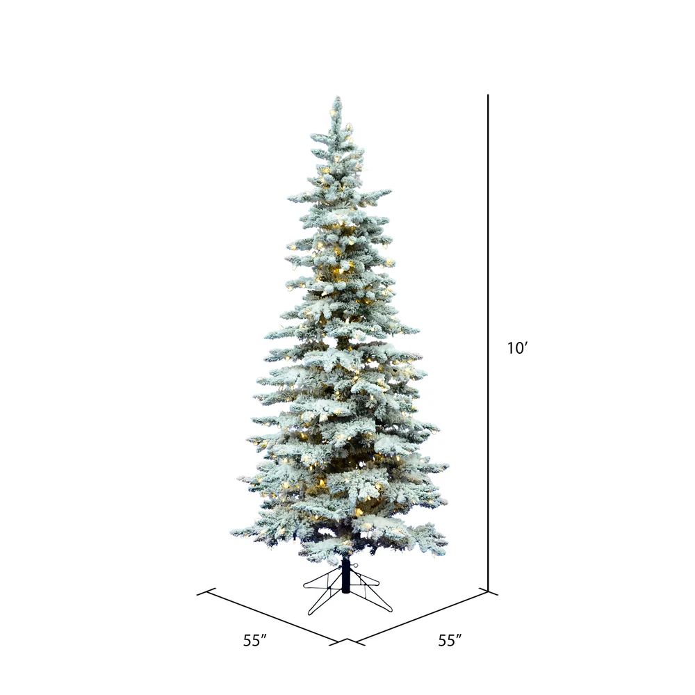 10'Hx55"W Flocked Slim Utica Fir Artificial Christmas Tree, LED Pre-Lit -White/Green - Image 3