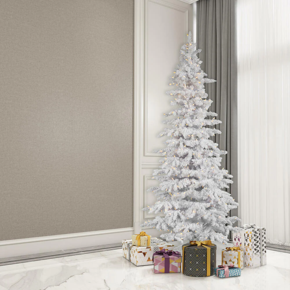10'Hx55"W Flocked Slim White Spruce Artificial Christmas Tree, LED Pre-Lit -White - Image 5
