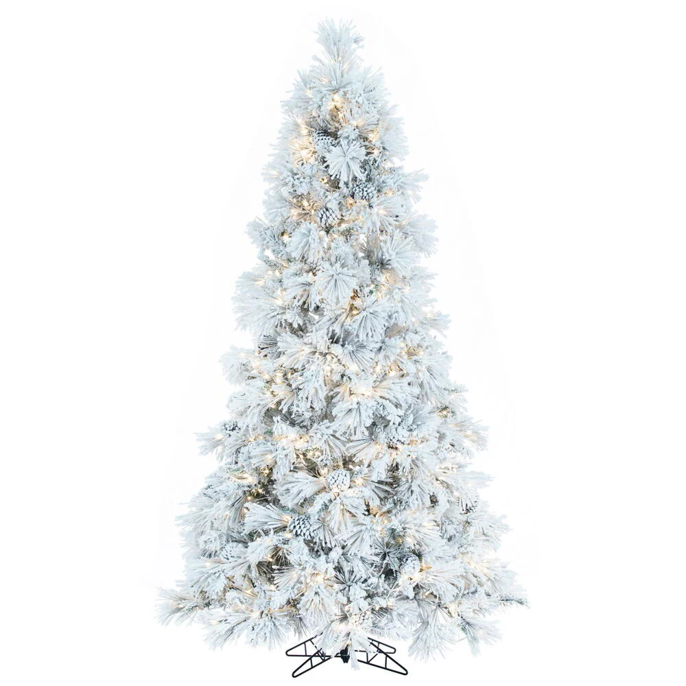 10'Hx63"W Flocked Slim Atka Pine Artificial Christmas Tree, Micro LED Pre-Lit -White
