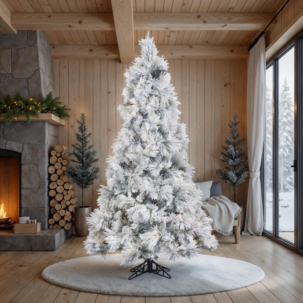 10'Hx63"W Flocked Slim Atka Pine Artificial Christmas Tree, Micro LED Pre-Lit -White - Image 5