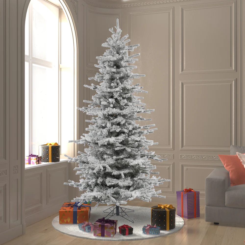 10'Hx66"W Flocked Sierra Artificial Christmas Tree, Unlit -White/Green - Image 5