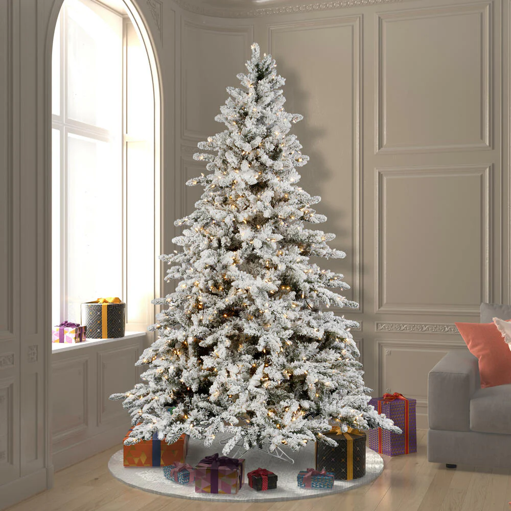 10'Hx77"W Flocked Utica Fir Artificial Christmas Tree, LED Pre-Lit -White/Green - Image 6