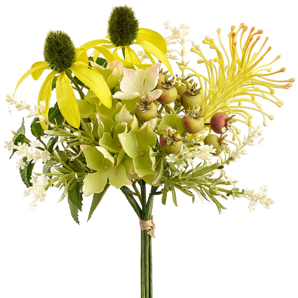 11.5" Hydrangea, Paranomus & Daisy Silk Flower Bouquet -Yellow/Green (Pack of 12)