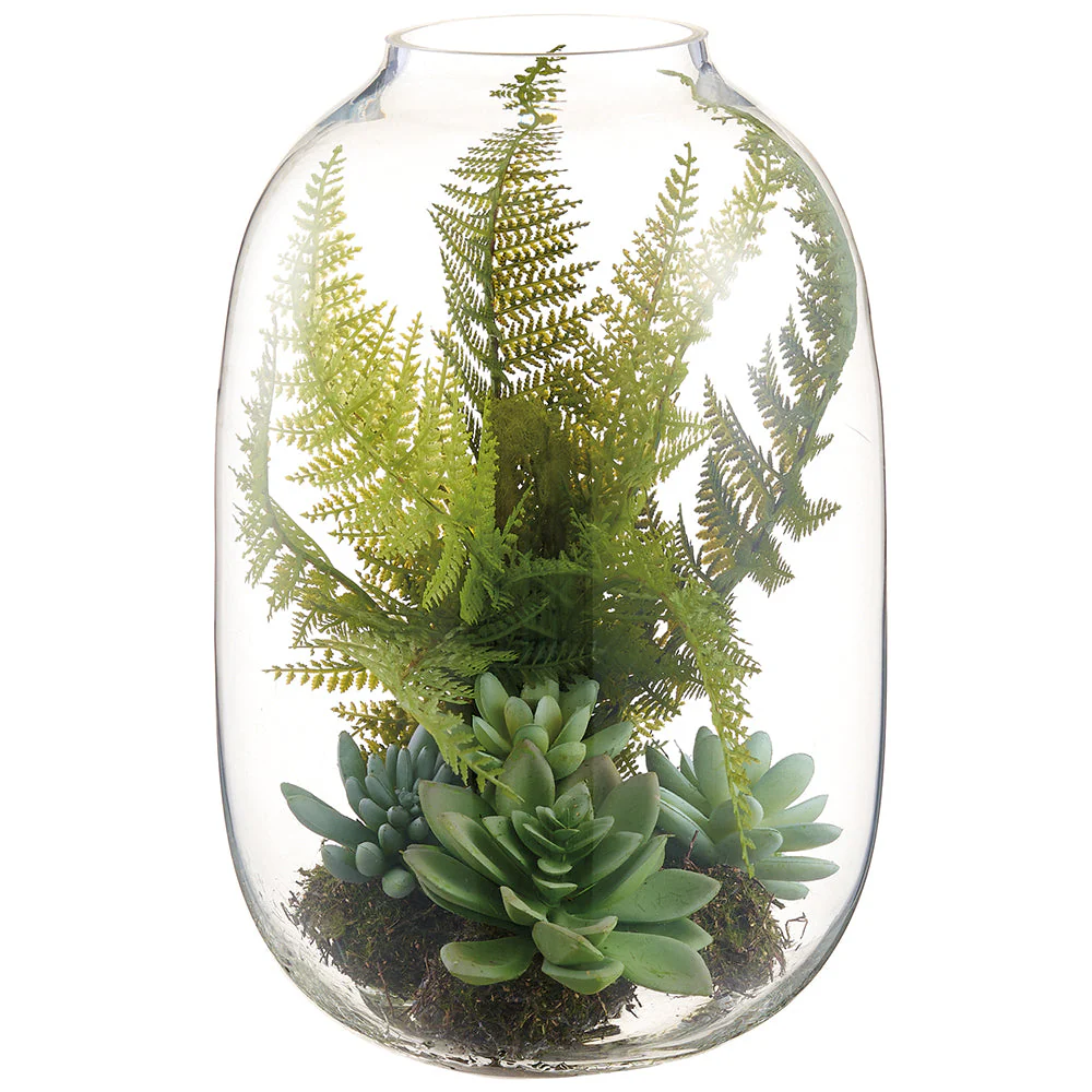 11.5" Mixed Succulent & Leather Fern Artificial Plant w/Glass Terrarium -Green (Pack of 2)