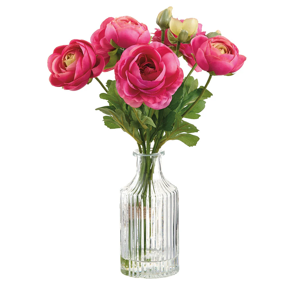 11.5" Ranunculus Silk Flower Arrangement w/Glass Vase -Beauty/Pink (Pack of 12)
