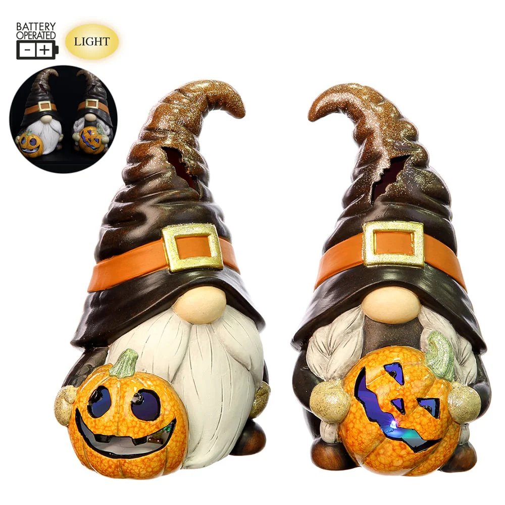 11.5" Set Of Battery Operated Halloween Gnomes Holding Jack-O-Lantern -Black/Orange (Pack of 2)
