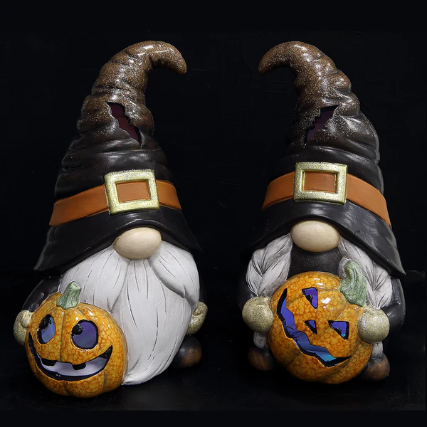 11.5" Set Of Battery Operated Halloween Gnomes Holding Jack-O-Lantern -Black/Orange (Pack of 2) - Image 2