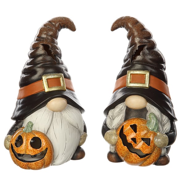 11.5" Set Of Battery Operated Halloween Gnomes Holding Jack-O-Lantern -Black/Orange (Pack of 2) - Image 3