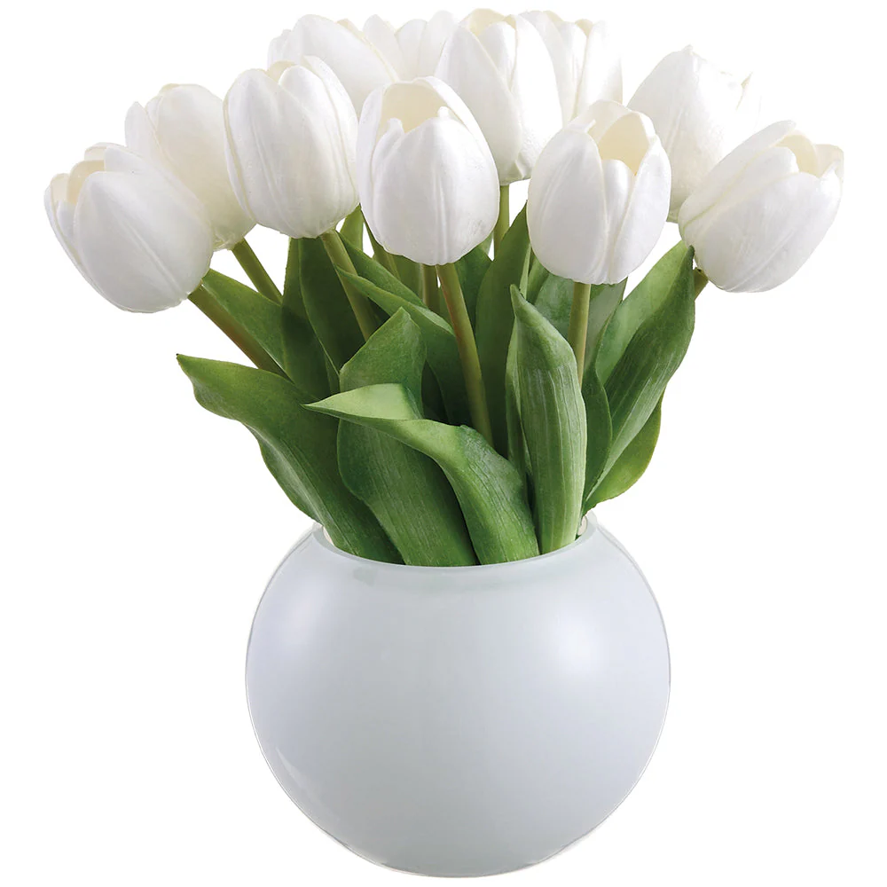 11.5" Tulip Silk Flower Arrangement w/Glass Vase -White (Pack of 4)