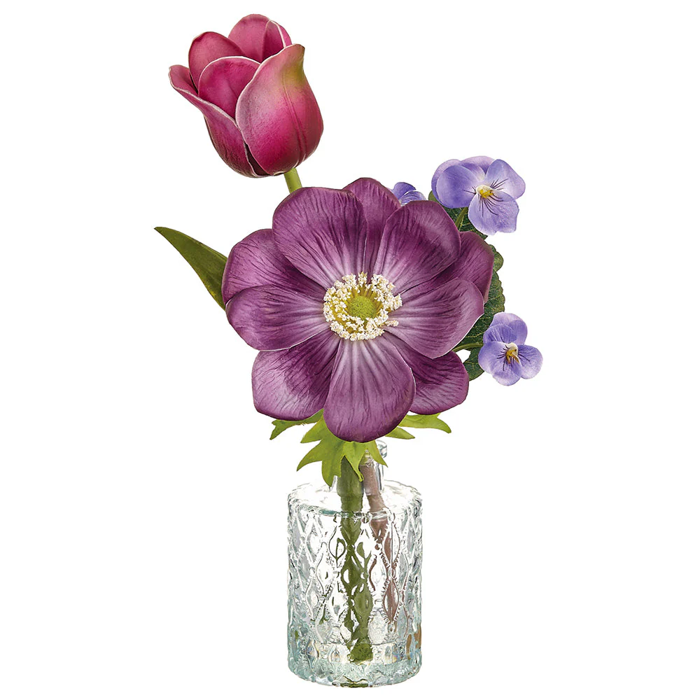 11" Anemone & Tulip Silk Flower Arrangement w/Glass Vase -2 Tone Purple (Pack of 6)