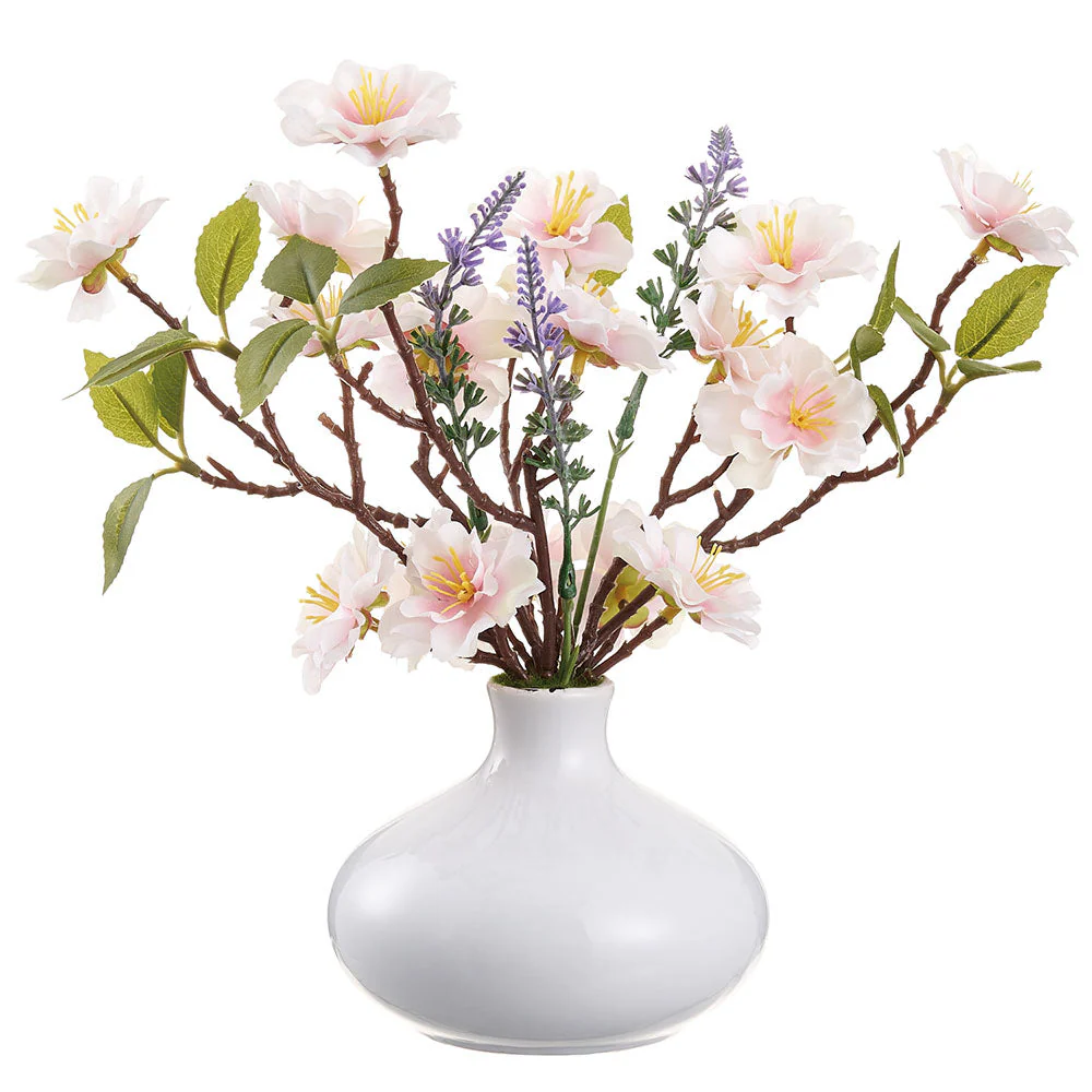 11" Cherry Blossom & Lavender Silk Flower Arrangement w/Ceramic Vase -Pink/Lavender (Pack of 2)