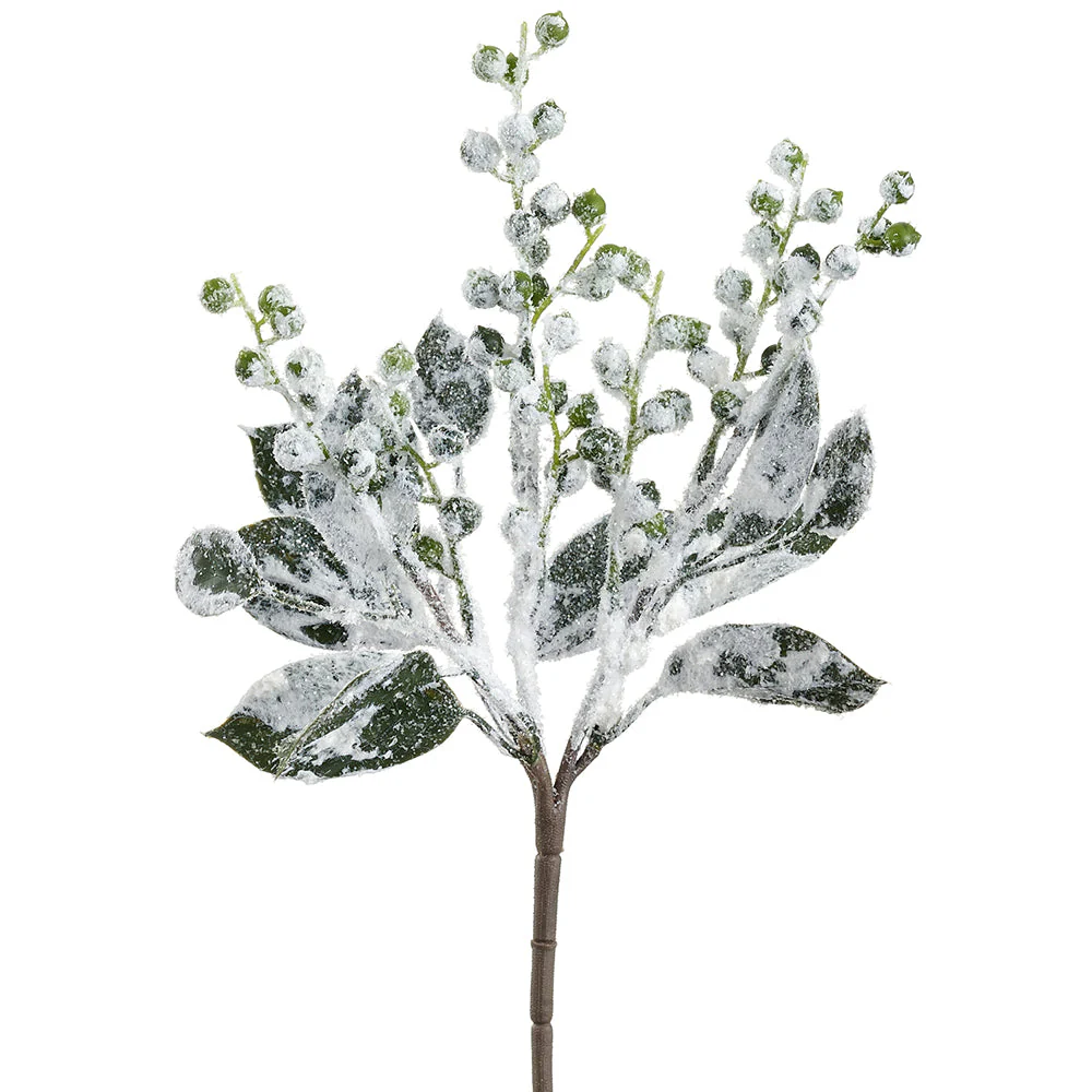 11" Flocked Artificial Berry Stem -Green/White (Pack of 24)