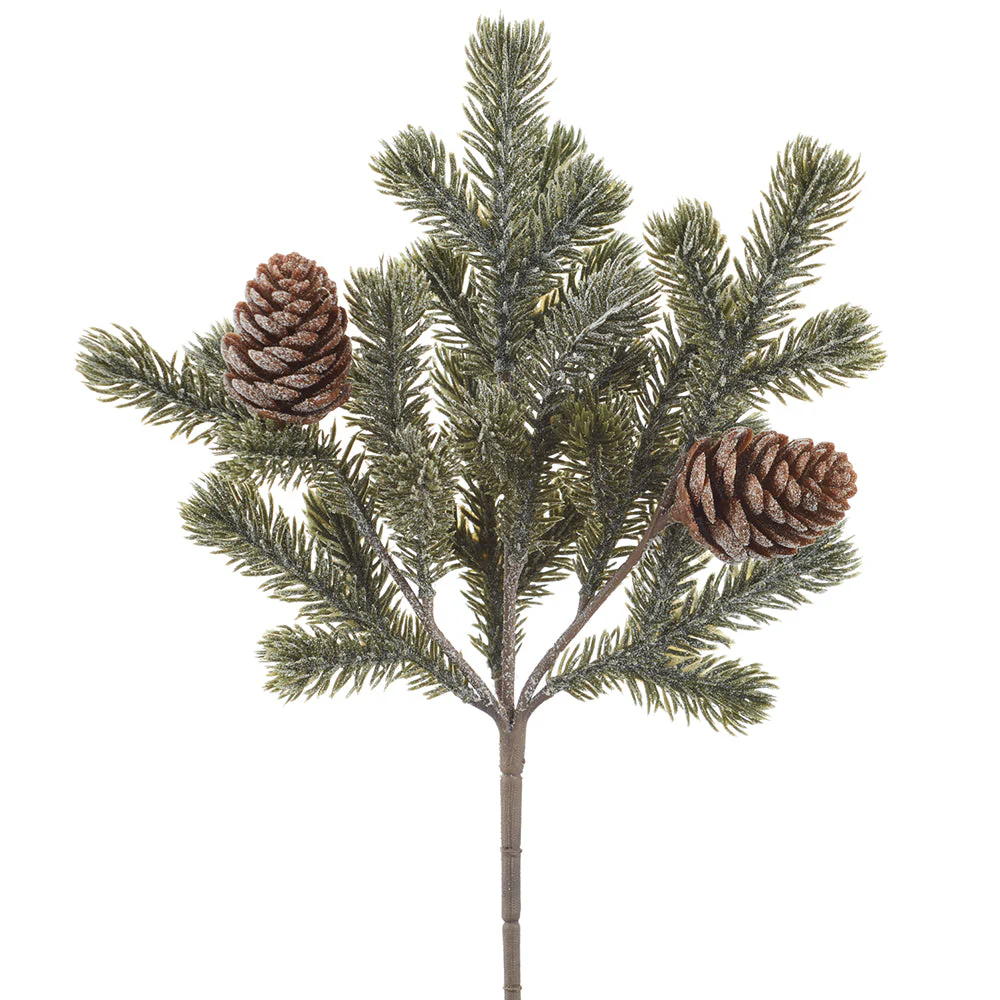 11" Flocked Pine & Pinecone Artificial Stem Pick -Brown/Green (Pack of 12)
