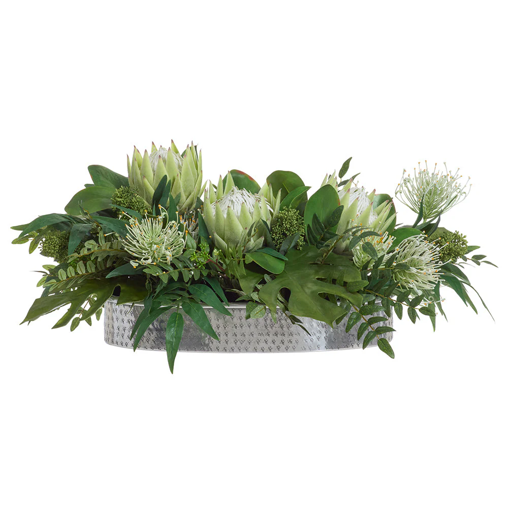 11"Hx30"W Protea & Philo Leaf Silk Flower Arrangement w/Metal Planter -Cream/Green