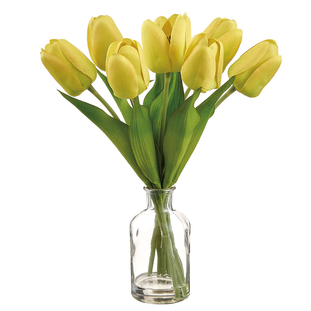 12.5" Tulip Silk Flower Arrangement w/Glass Vase -Yellow (Pack of 12)