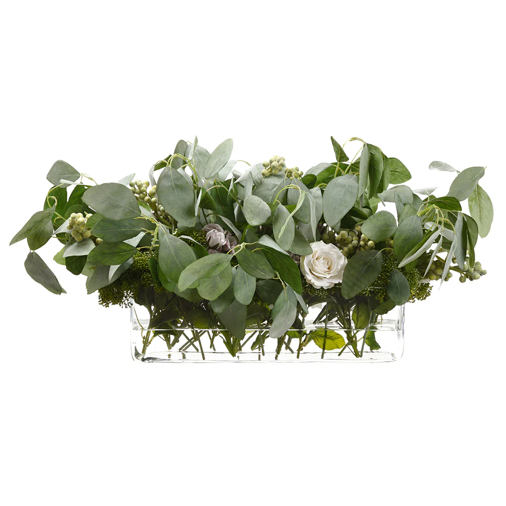 12.5"Hx25.5"W Silk Rose Flower, Eucalyptus, Sedum & Berry Arrangement w/Rectangular Glass Vase -Lilac/Green