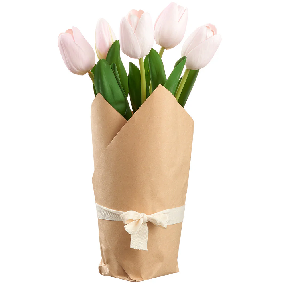 12.9" Tulip Plant Silk Flower Arrangement w/Paper Wrap -Soft Pink (Pack of 4)
