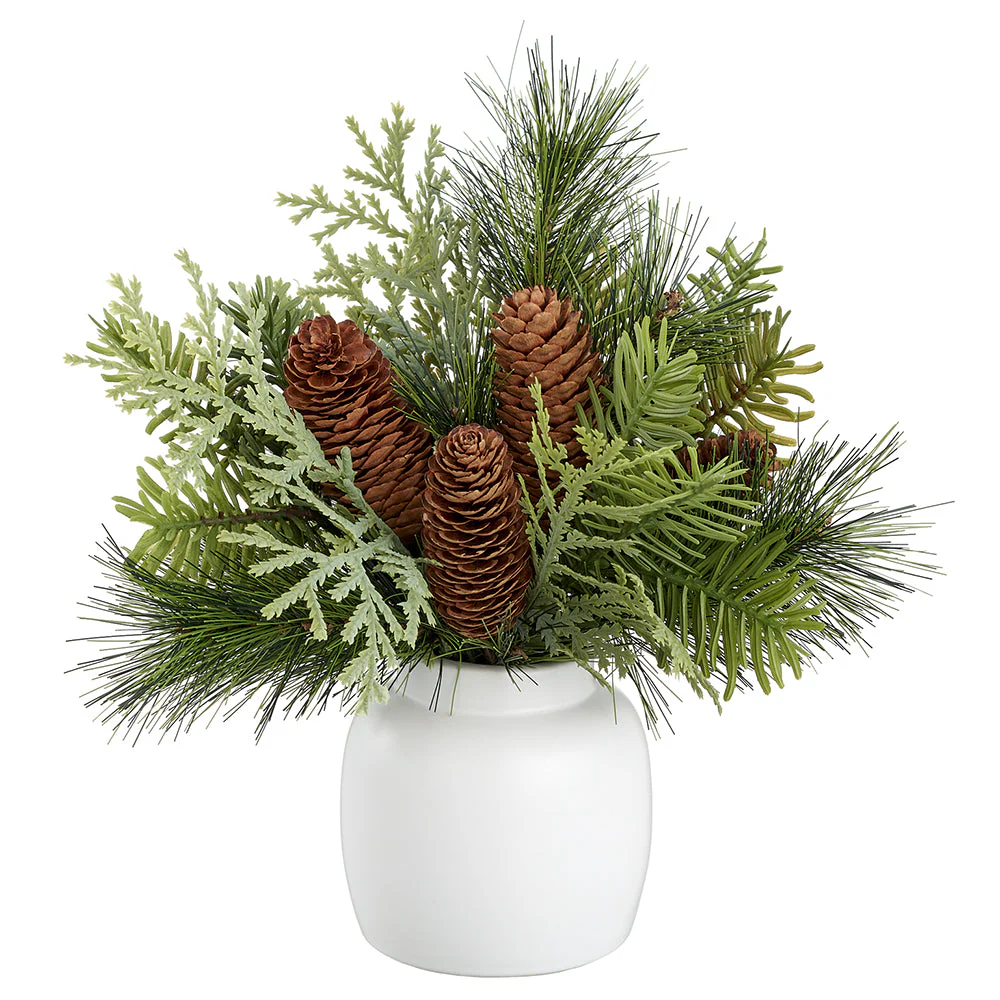 12" Artificial Mixed Pine & Pinecone Arrangement w/Ceramic Vase -Green/Brown (Pack of 4)