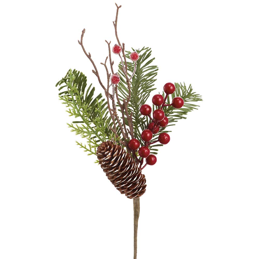 12" Berry, Pinecone & Pine Artificial Stem Pick -Red/Green (Pack of 24)