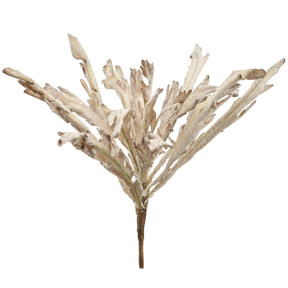 12" Glittered Artificial Fern Leaf Stem -Beige (Pack of 12)