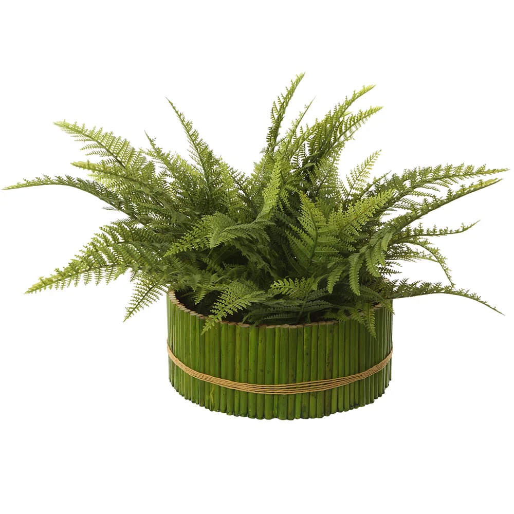12" Leather Fern Leaf Silk Plant w/Tube Planter -Green (Pack of 2)
