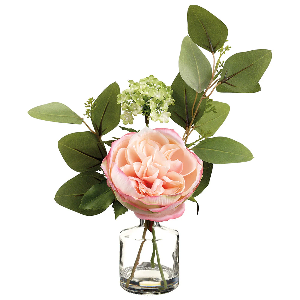 12" Rose & Snowball Silk Flower Arrangement w/Glass Vase -Pink/Peach (Pack of 6)