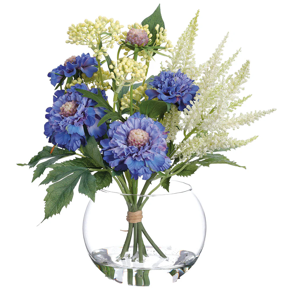 12" Scabiosa & Astilbe Silk Flower Arrangement w/Glass Vase -Blue (Pack of 2)