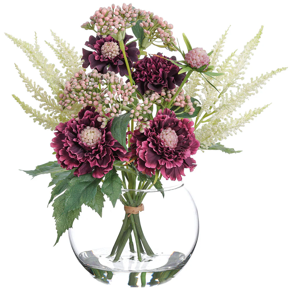 12" Scabiosa & Astilbe Silk Flower Arrangement w/Glass Vase -Plum (Pack of 2)