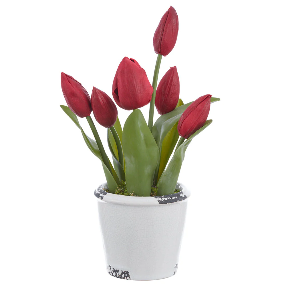 12" Tulip Silk Flower Arrangement w/Terra Cotta Vase -Burgundy (Pack of 6)