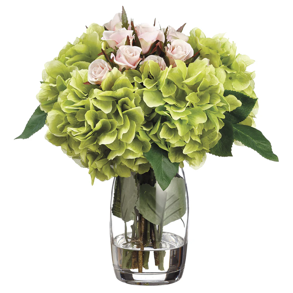 12"Hx12"W Hydrangea & Rose Silk Flower Arrangement -Pink/Green