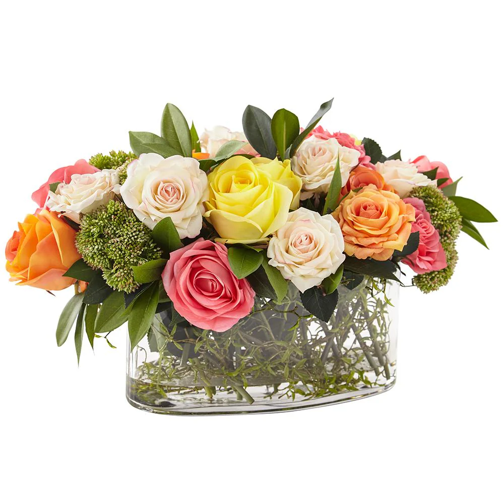 12"Hx22"W Real Touch Mixed Rose, Skimmia & Shikiba Leaf Silk Flower Arrangement w/Glass Vase -Mixed Colors - Image 2