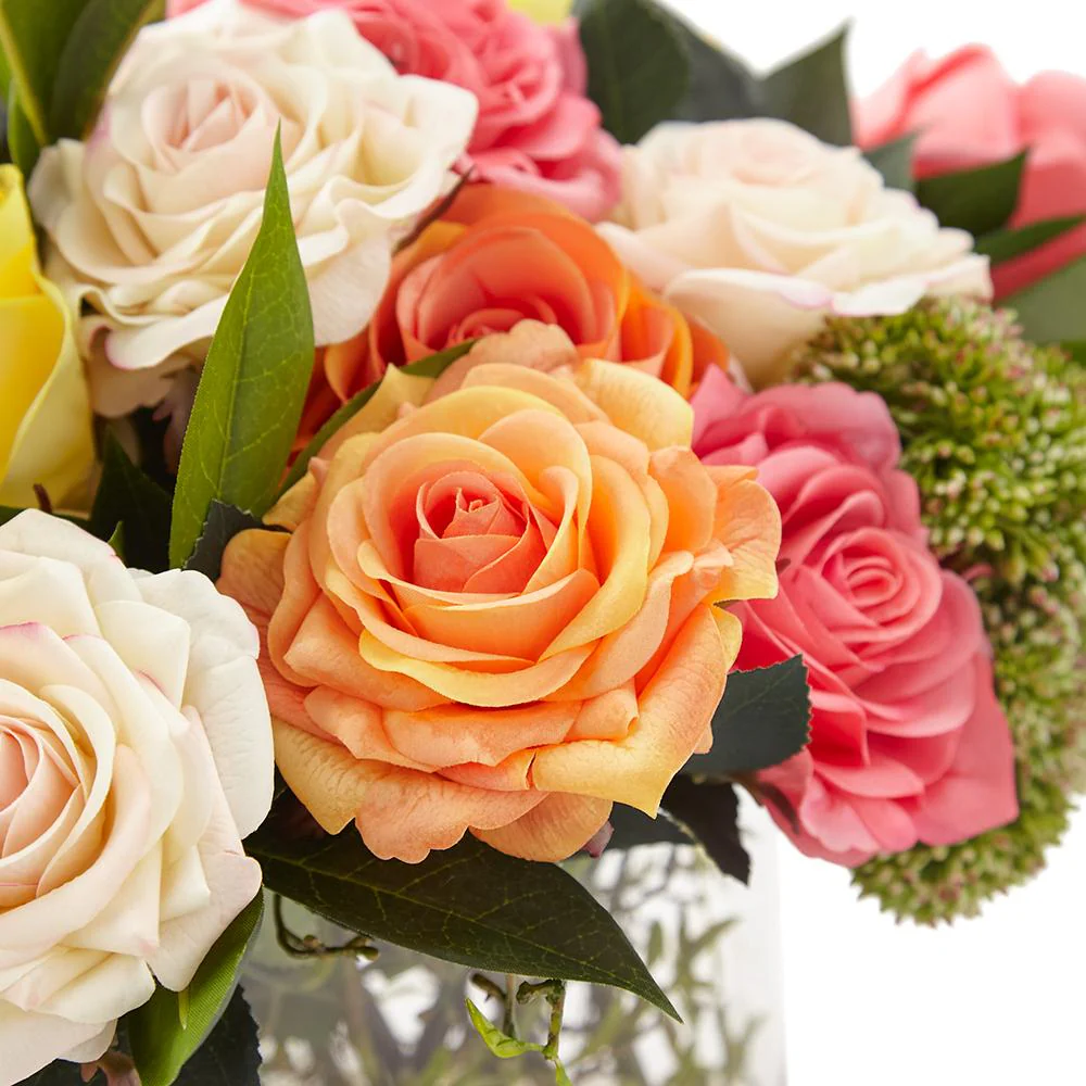 12"Hx22"W Real Touch Mixed Rose, Skimmia & Shikiba Leaf Silk Flower Arrangement w/Glass Vase -Mixed Colors - Image 3