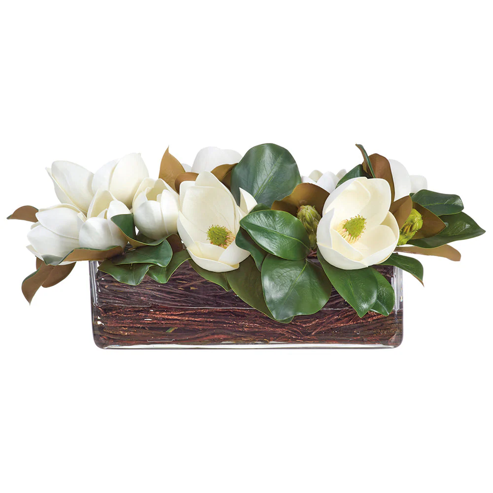 12"Hx26"W Magnolia Silk Flower Arrangement w/Glass Vase -White/Green
