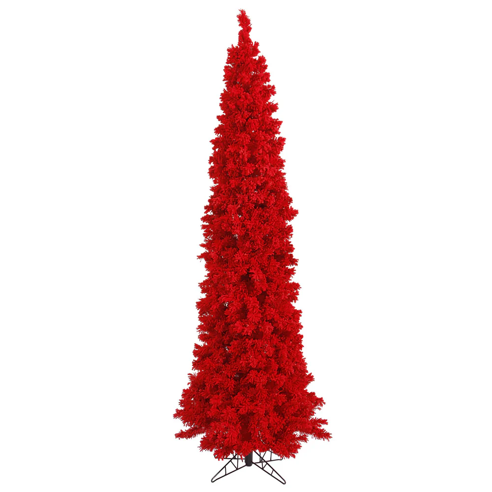 12'Hx57"W Flocked Pencil Fir Artificial Christmas Tree, Unlit -Red